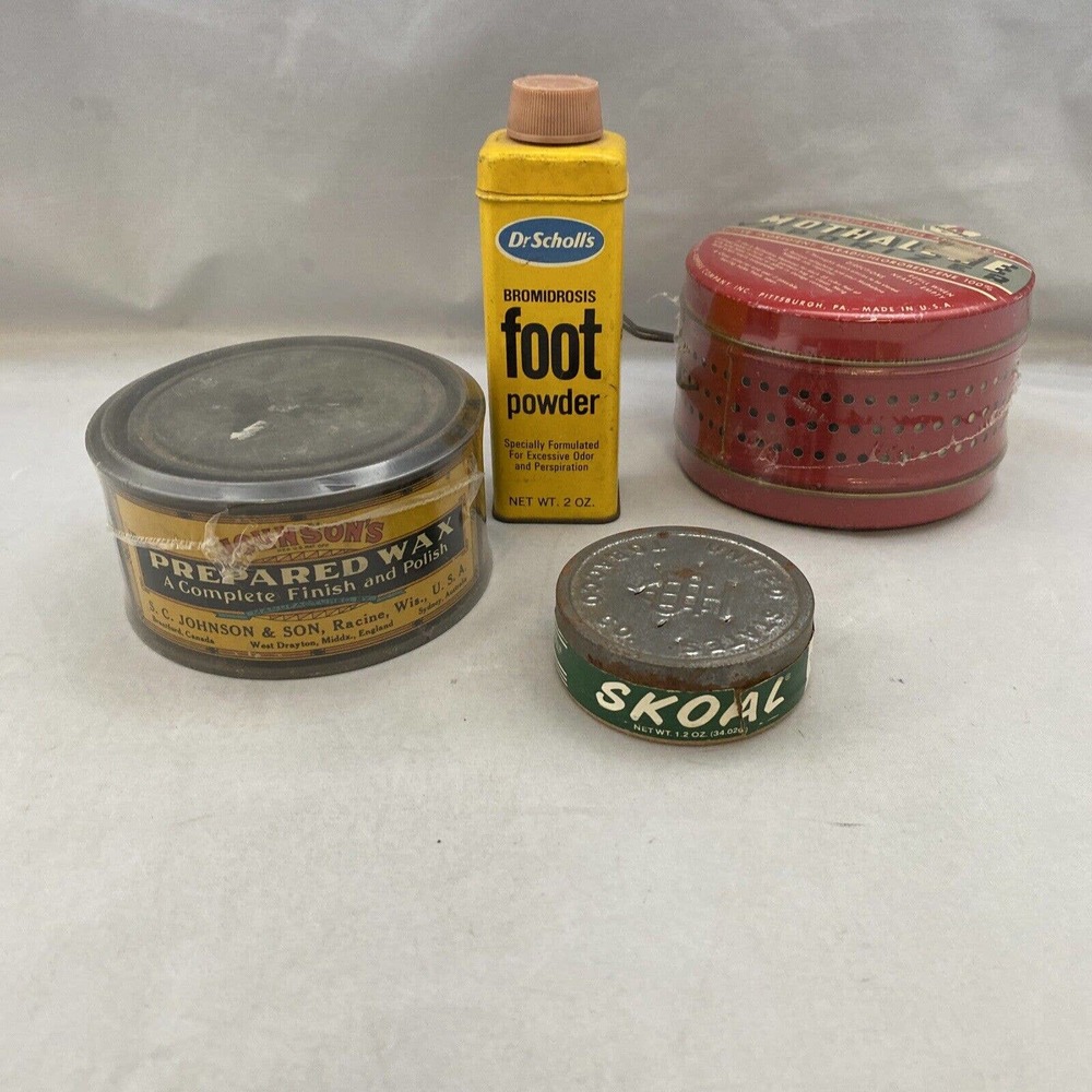 4 Vtg Tins Full w/Original Product (Johnson's/Dr.Scholls/Skoal/Kopper's) M1-1